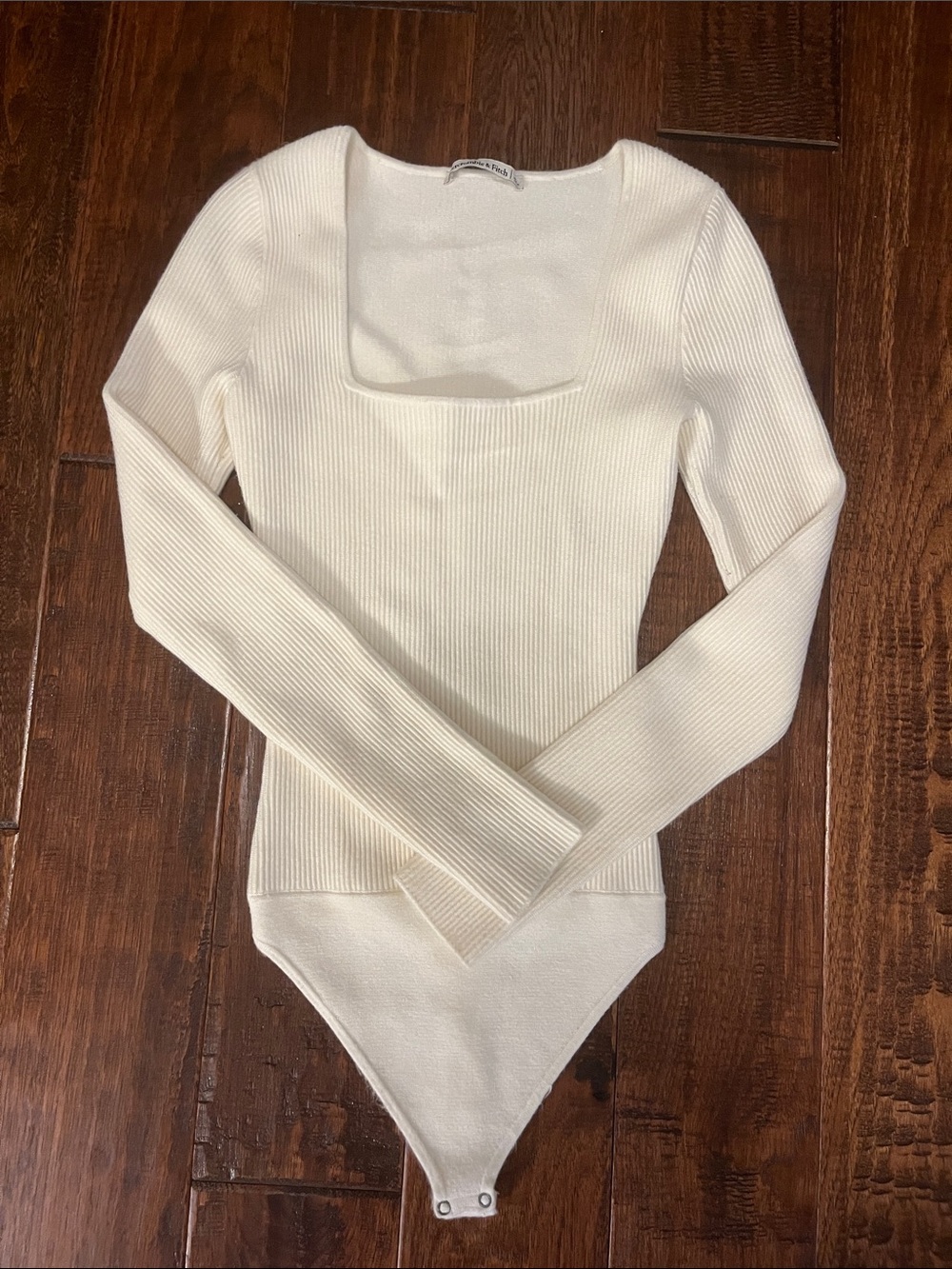Abercrombie & Fitch Cream Ribbed Square-Neck Long Sleeve Bodysuit